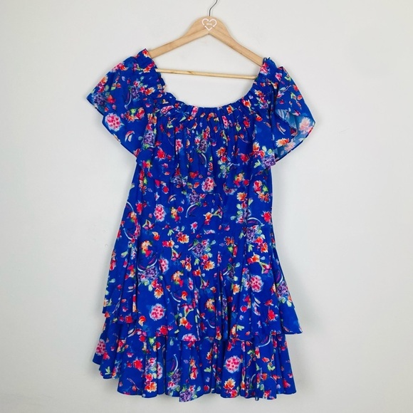 Caroline Constas Revolve Serena blue floral off the shoulder ruffle dress. Med - Picture 2 of 6